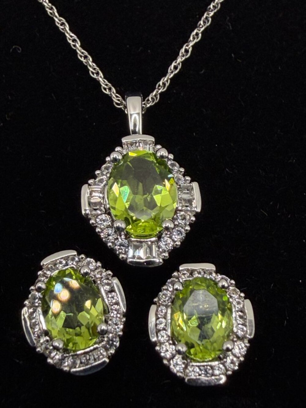 Peridot & Diamond Necklace + Earrings Set Rhodium Plated 925 - P*M